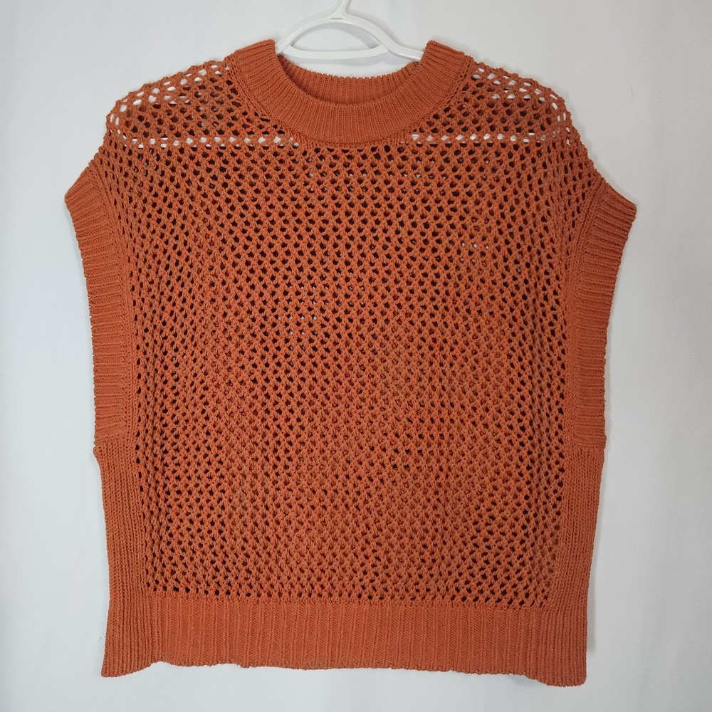 Madewell Open Knit Sweater Vest M 100% Cotton Rust Crochet Tank Coastal Boho